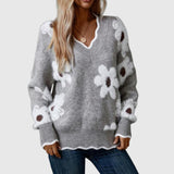 THEA - Elegáns V-nyakú pulóver virágmintával