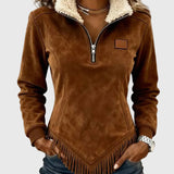 Félcipzáras galléros aszimmetrikus dizájnú pulóver frufru részletekkel