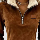 Félcipzáras galléros aszimmetrikus dizájnú pulóver frufru részletekkel