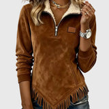 Félcipzáras galléros aszimmetrikus dizájnú pulóver frufru részletekkel