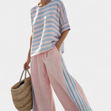 Bambusz len szett Daisy Mediterrán tenger, finom rózsaszínnel és elegáns kék csíkokkal