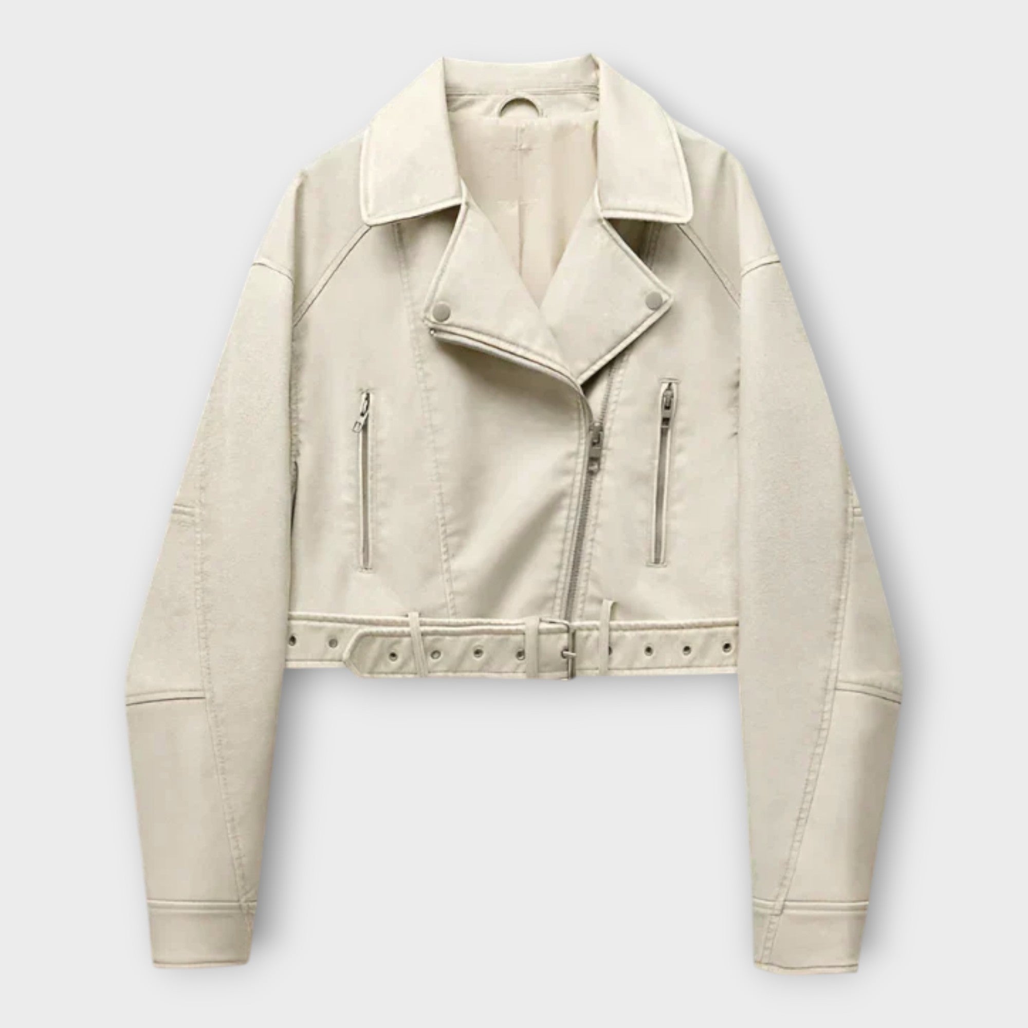 Modern Rövid Bőrkabát Övvel és Finom Esztétikával