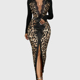 Divatos Mély V-nyakú Leopárd Bodycon Maxi Ruha