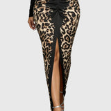 Divatos Mély V-nyakú Leopárd Bodycon Maxi Ruha