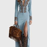 Ophelio Nyugati Fél-Zip Hímzett Műsuede Fringes Maxi Ruha