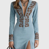 Ophelio Nyugati Fél-Zip Hímzett Műsuede Fringes Maxi Ruha