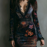 Grazia - Mini Slim-fit Velúr Ruha Virágmintával és Csipkével