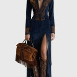 Ophelio Nyugati Fél-Zip Hímzett Műsuede Fringes Maxi Ruha