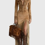 Ophelio Nyugati Fél-Zip Hímzett Műsuede Fringes Maxi Ruha